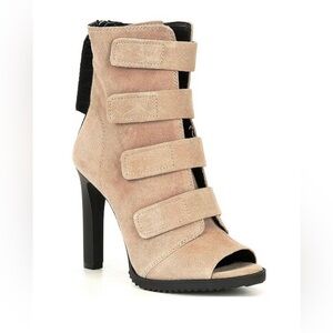 NIB DKNY Blake Strappy Suede Peep Toe Stiletto Booties in Taupe